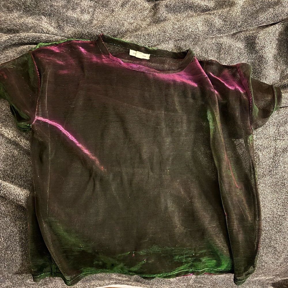 Silence + Noise Black Sheer Top with Pink and Green Highlights